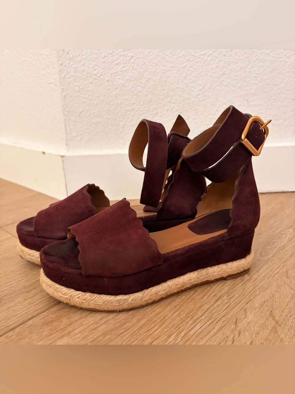 Chloe Lauren Scalloped Ankle-Strap Espadrille in Maroon Burgundy Suede